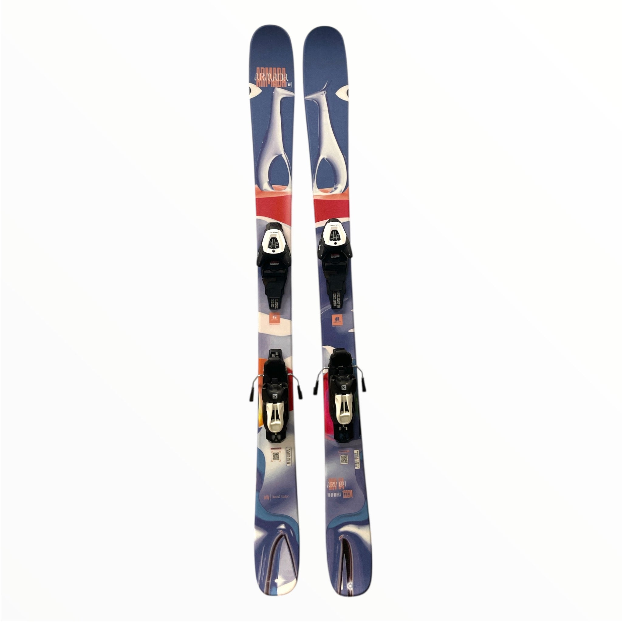 A pair of Armada Youth ARV 84 Skis with L6 Bindings, featuring a blue, white, and red abstract design, is displayed against a white background.