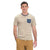 Men's tan-and-white striped crew-neck T-shirt with dark blue pocket at left chest