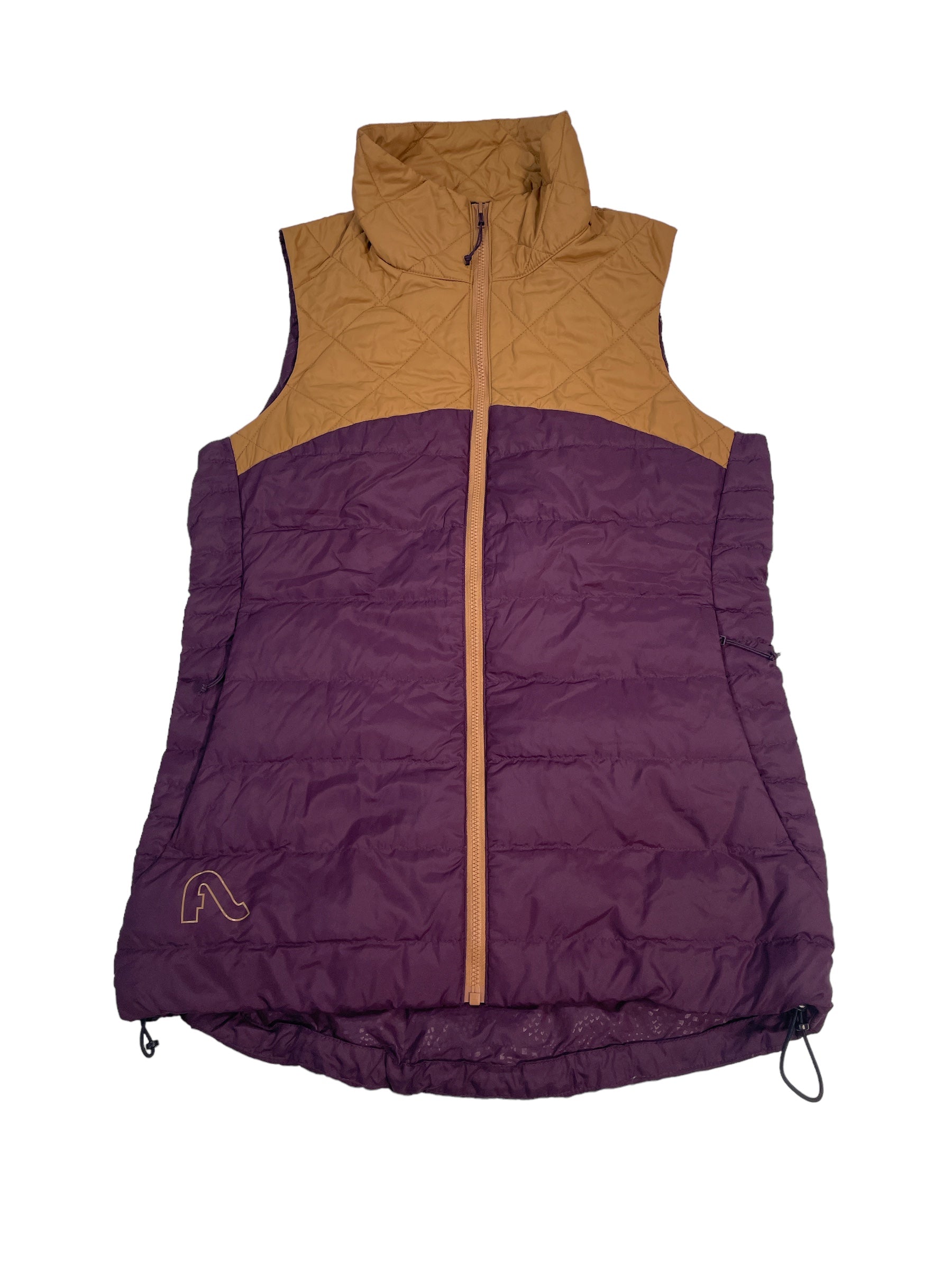 Women's Laurel vest with hood, purple quilted body and tan top, full-zip front