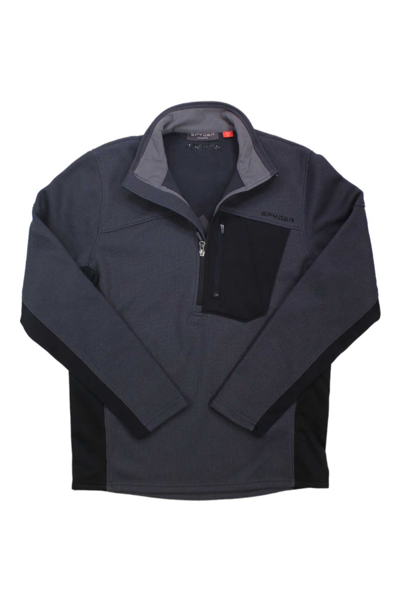 The Spyder Mens Bandit Half Zip Jacket is dark gray with a black chest pocket and side panels, features long sleeves, moisture-wicking fleece, and a small logo on the left chest.