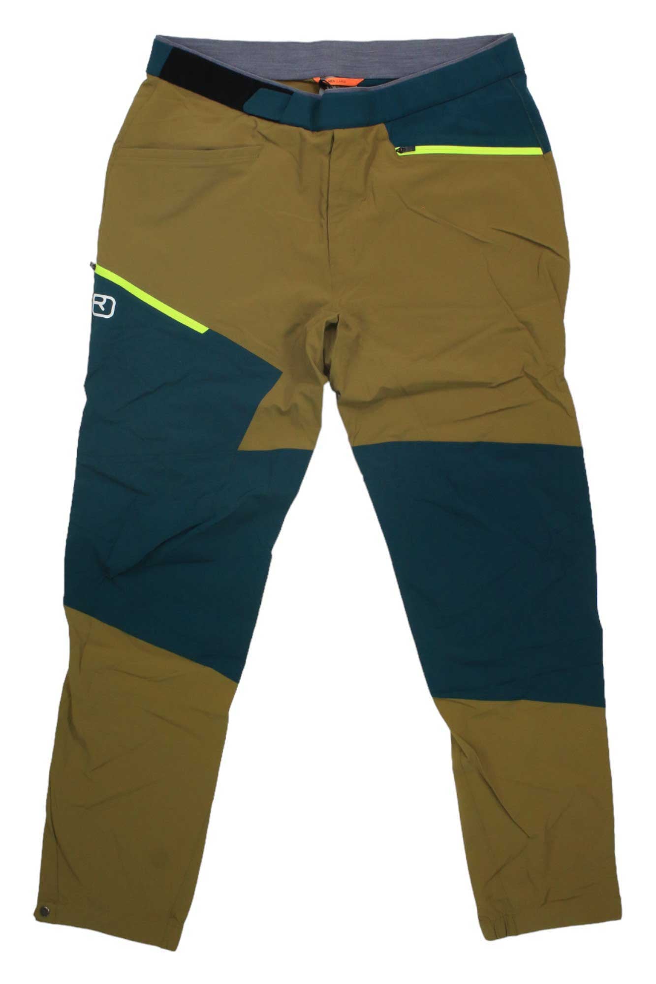 Men's olive and teal ski pants with neon trim, belt loops, and zip fly
