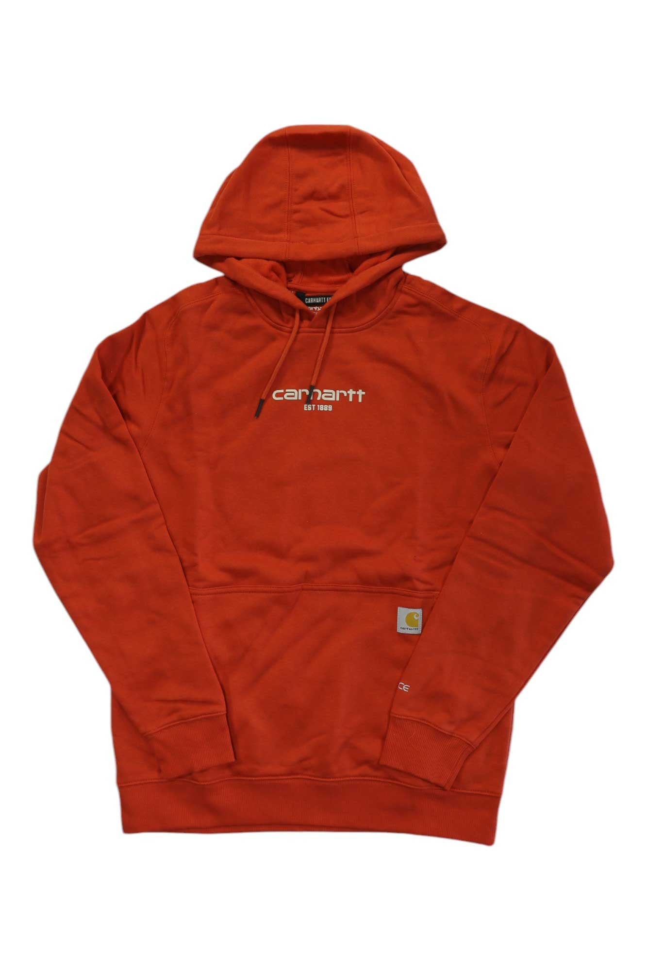 The Carhartt Mens Force Relaxed Fit Lightweight Logo Graphic Sweatshirt in bright orange features a white EST. 1889 chest graphic, front pocket, small logo patch, and FastDry technology for all-day comfort.