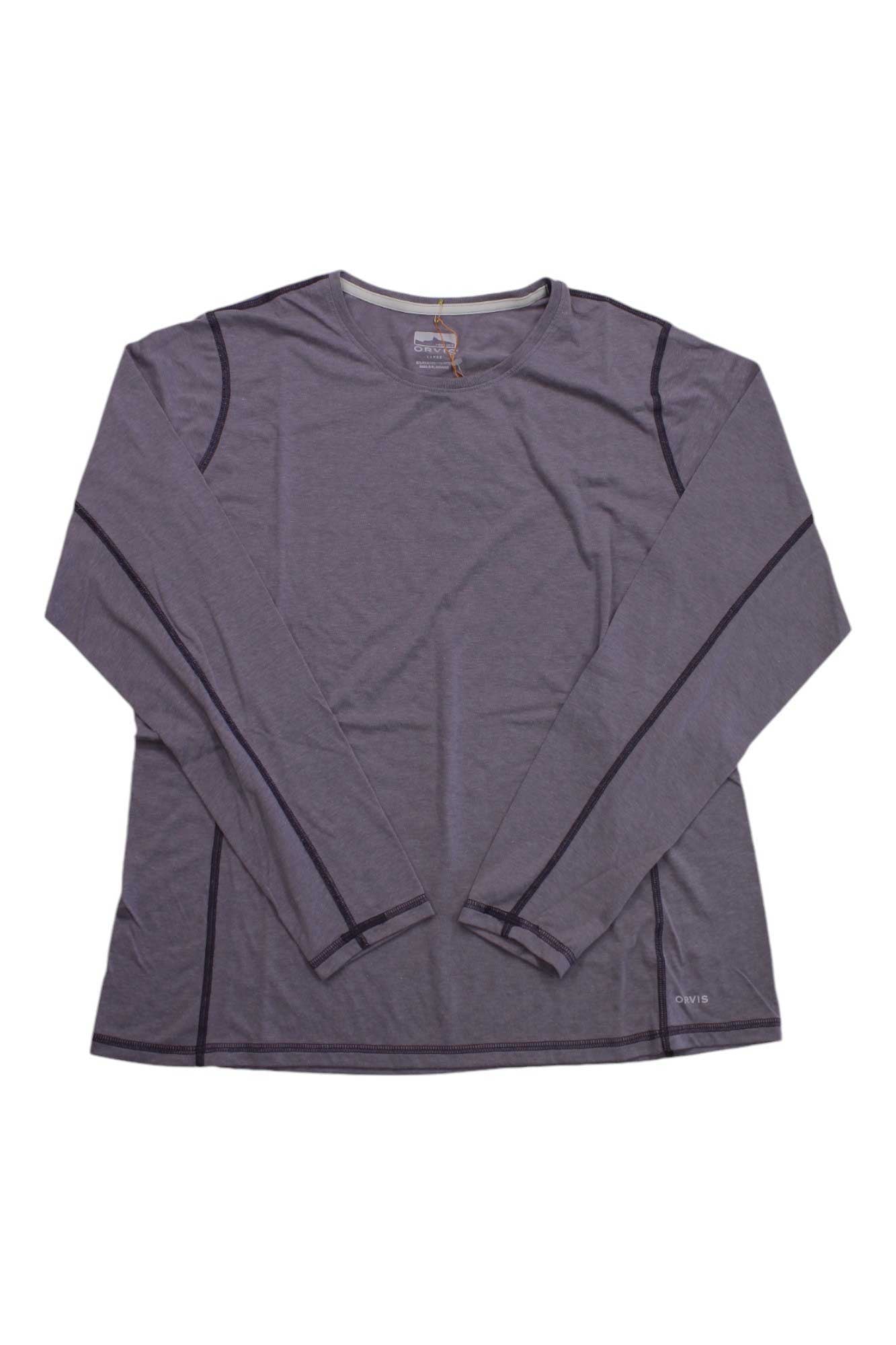 Women’s dusty purple long-sleeve crewneck shirt with curved hem and contrast seams