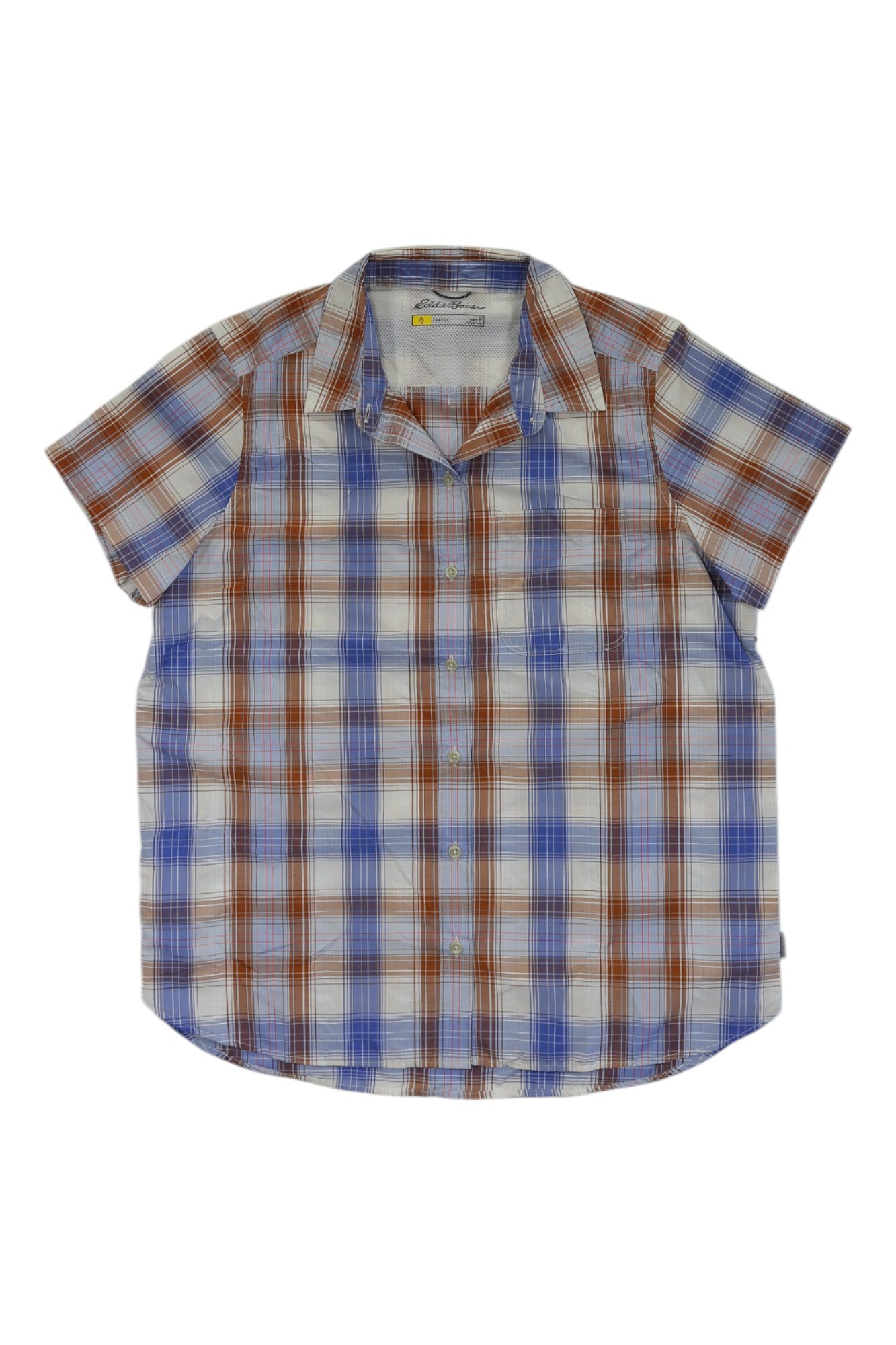 The Eddie Bauer Travex Women's Mountain SS Shirt is a blue, orange, and white plaid, short-sleeve button-up with a modern classic fit and UPF 40 sun protection, shown on a white background.