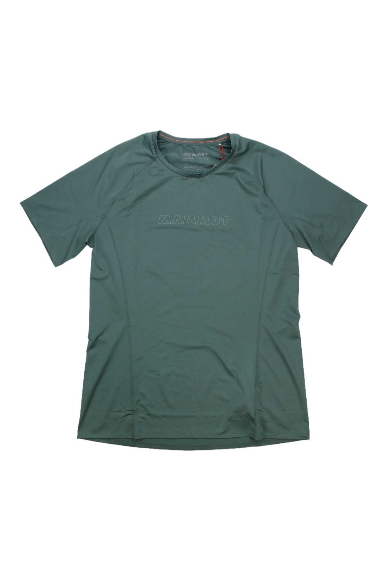The Mammut Women's Selun FL Logo T-Shirt is a green, short-sleeve athletic top made from quick-drying, recycled polyester with the MAMMUT logo on the chest, displayed flat against a white background.