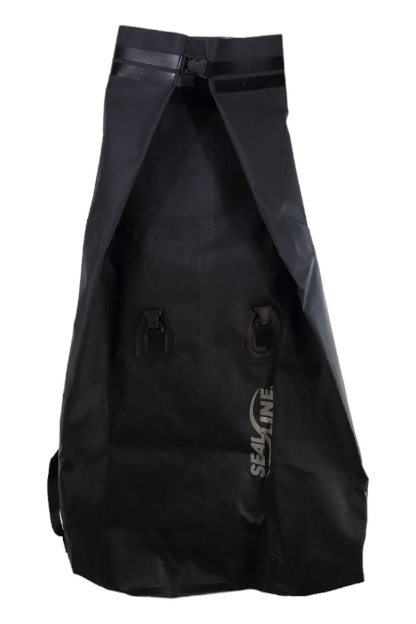 The SealLine Boundary Dry Pack is a large black waterproof bag with a roll-top closure, buckles, padded shoulder straps, two front attachment points, and the SealLine logo.