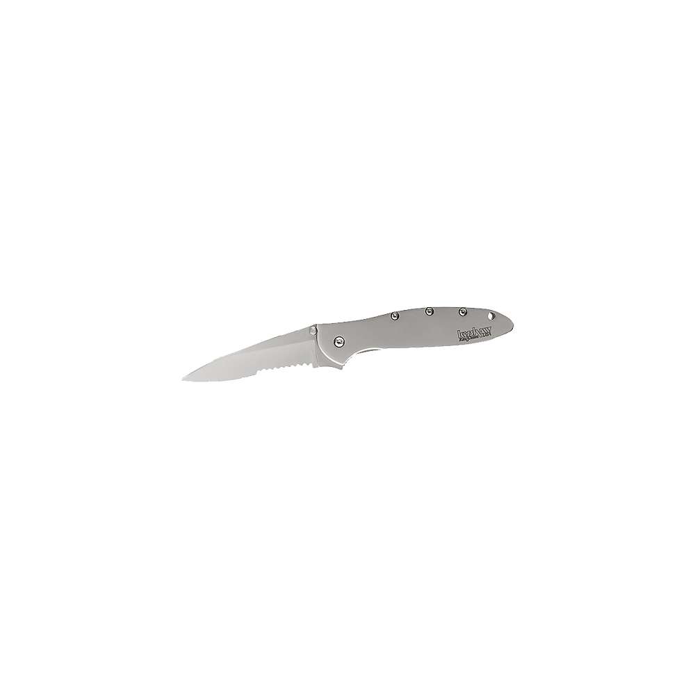 Kershaw leek knife with silver folding blade and gray handle, side view
