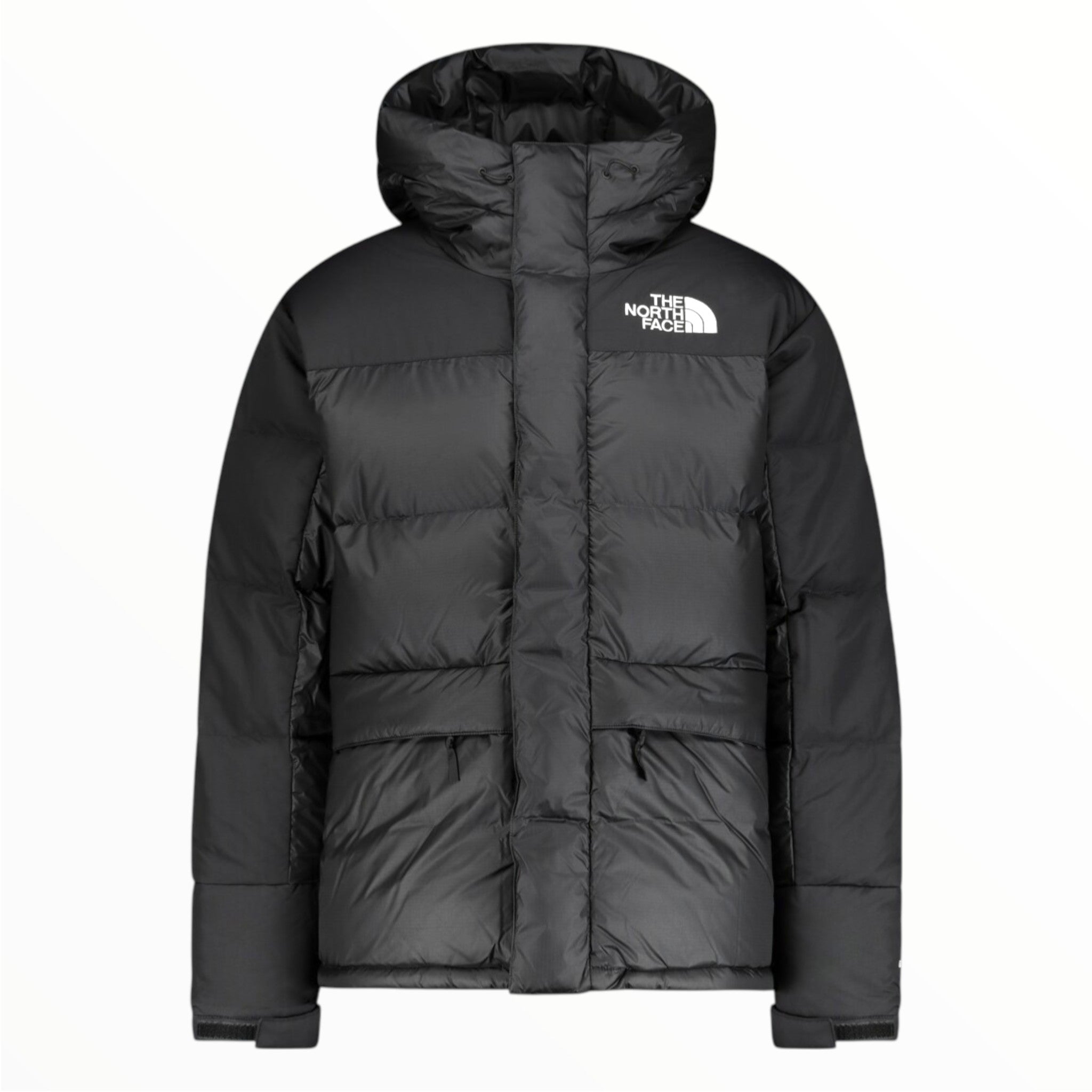 The Mens Hmlyn Down Parka is a black, down-insulated jacket with a hood, front zipper, two large front pockets, and a quilted design. The North Face logo appears in white on the left chest.