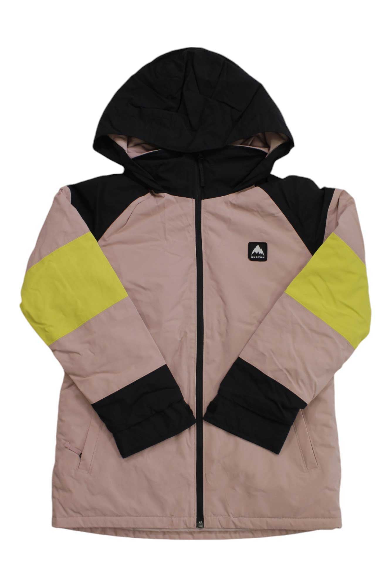 The Burton Girls Hart Jacket is a waterproof, hooded girls snowboard jacket with a front zipper, light pink body, black shoulders and cuffs, yellow arm bands, and a small mountain logo on the left chest for stylish protection.