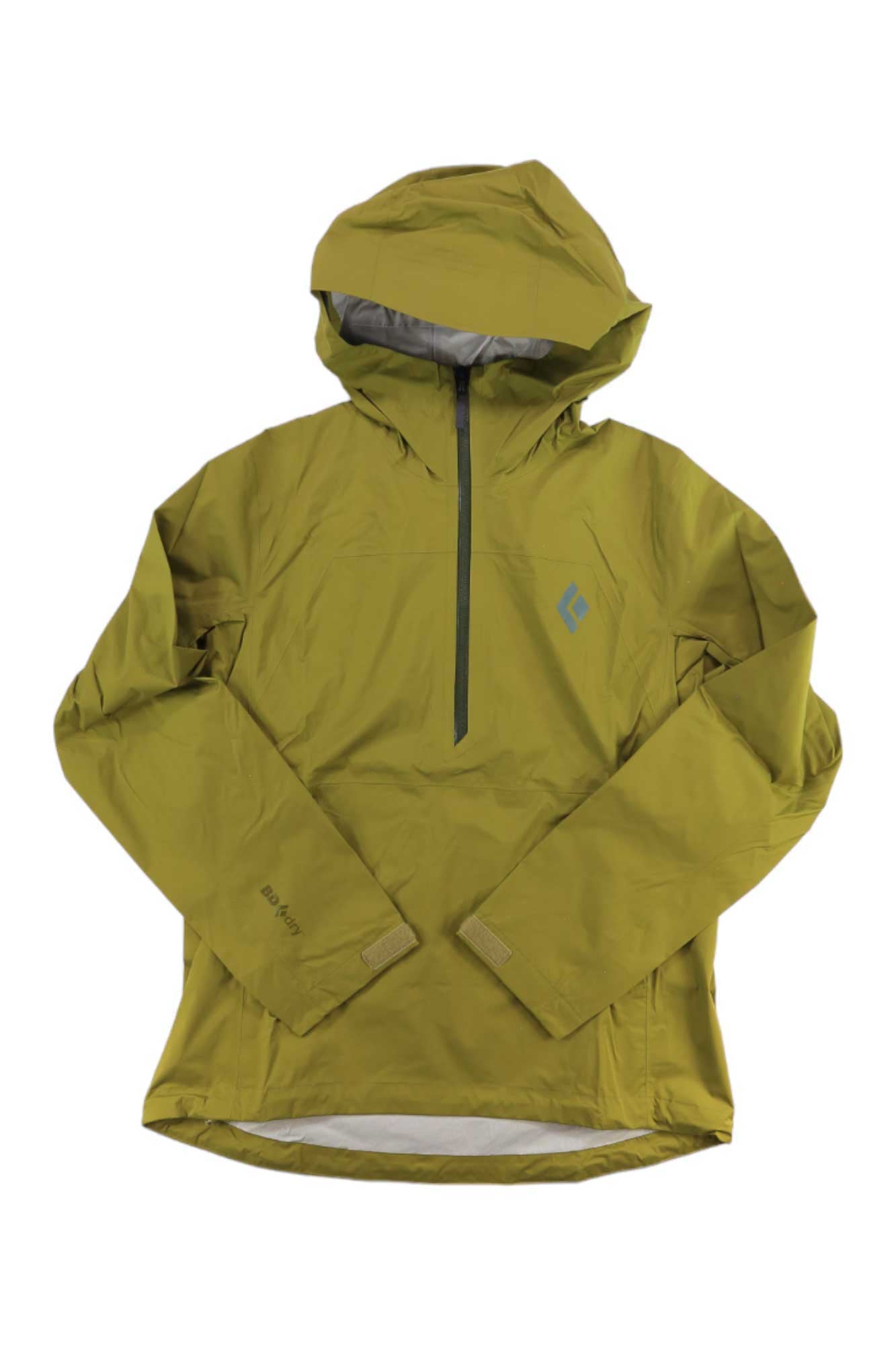 The Black Diamond Women's Stormline Stretch Anorak Jacket is a light olive-green, waterproof climbing jacket featuring a half-zip front, long sleeves, a small chest logo, and a stretch shell for flexible protection against the elements.