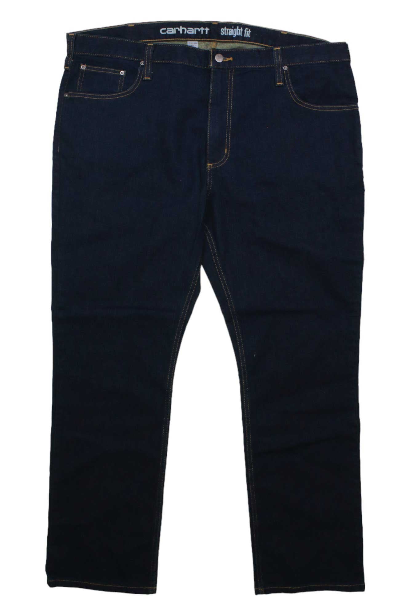 A pair of Carhartt Men's Rugged Flex Straight Tapered Jeans in dark blue with visible gold stitching, five pockets, and a button closure, laid flat on a white background.