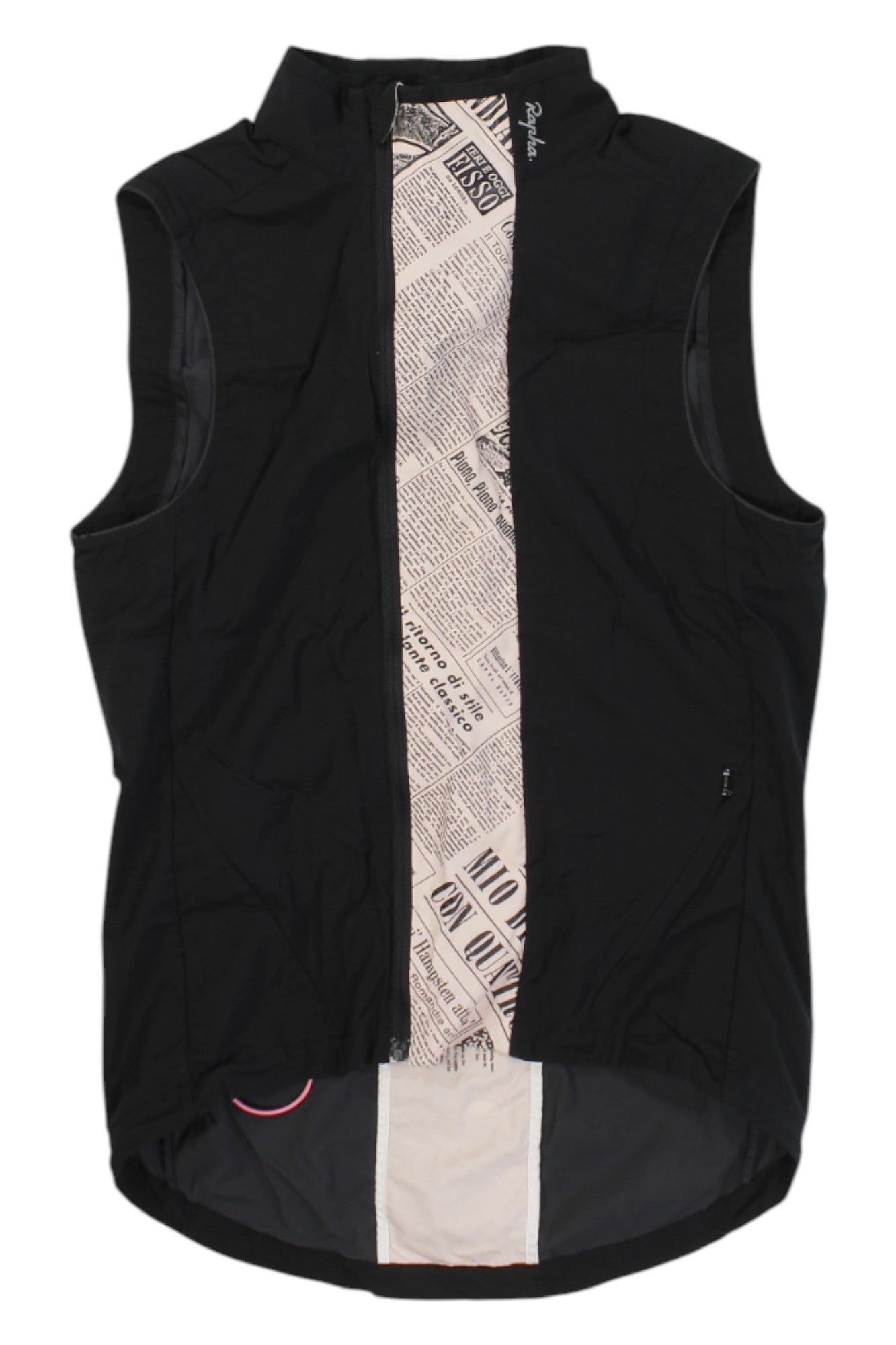 The Rapha Classic Gilet is a sleeveless black cycling vest with a full front zipper, shown open to reveal its vintage newspaper print lining. Made from lightweight, durable fabric—ideal for outdoor adventures.