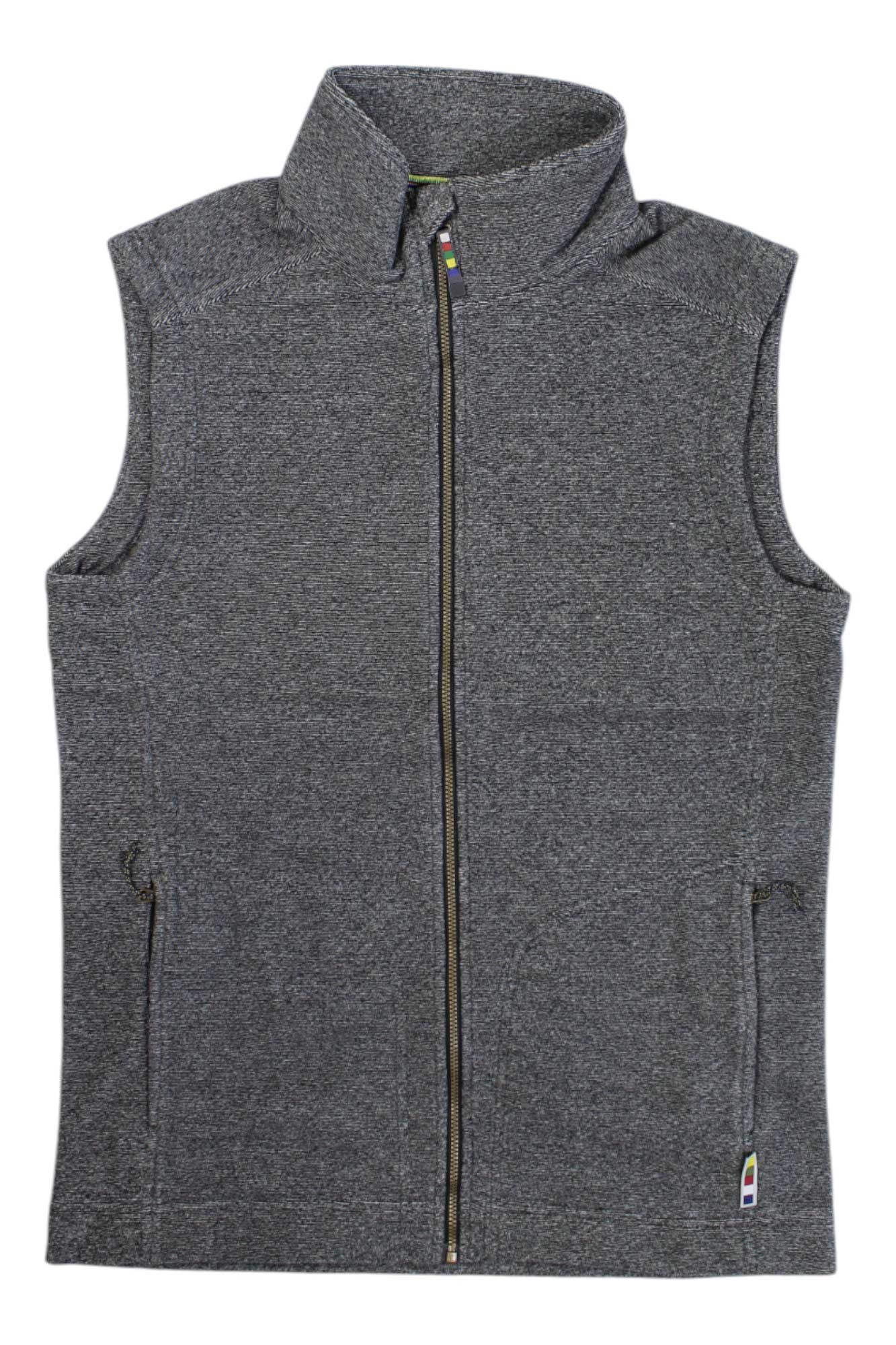 The Sherpa Mens Rolpa Eco Vest in heather gray features a sleeveless design, high collar, and two front zippered pockets. Made from eco-friendly fleece, it is shown laid flat on a white background.