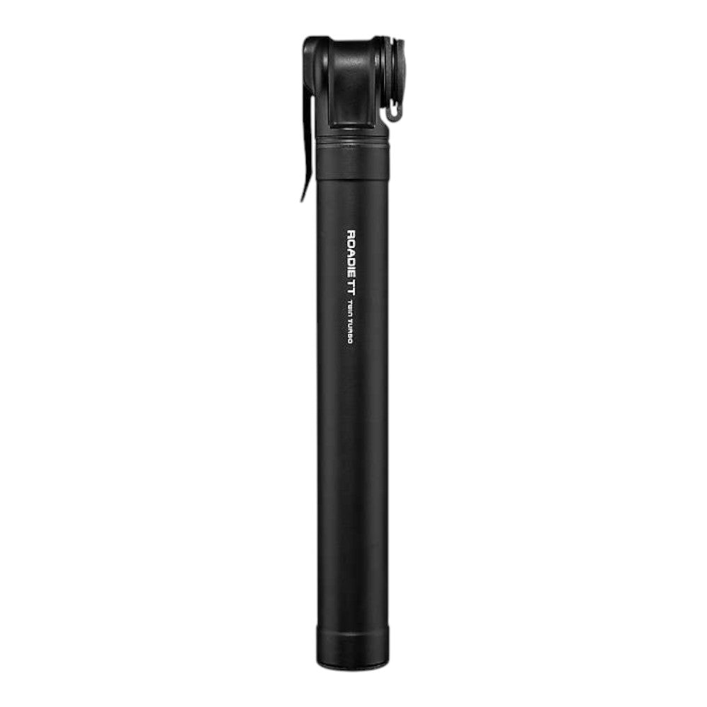 The Topeak Roadie TT Pump is a compact black handheld tire inflator with a slim cylindrical design, top lever, and white Topeak branding on the side.