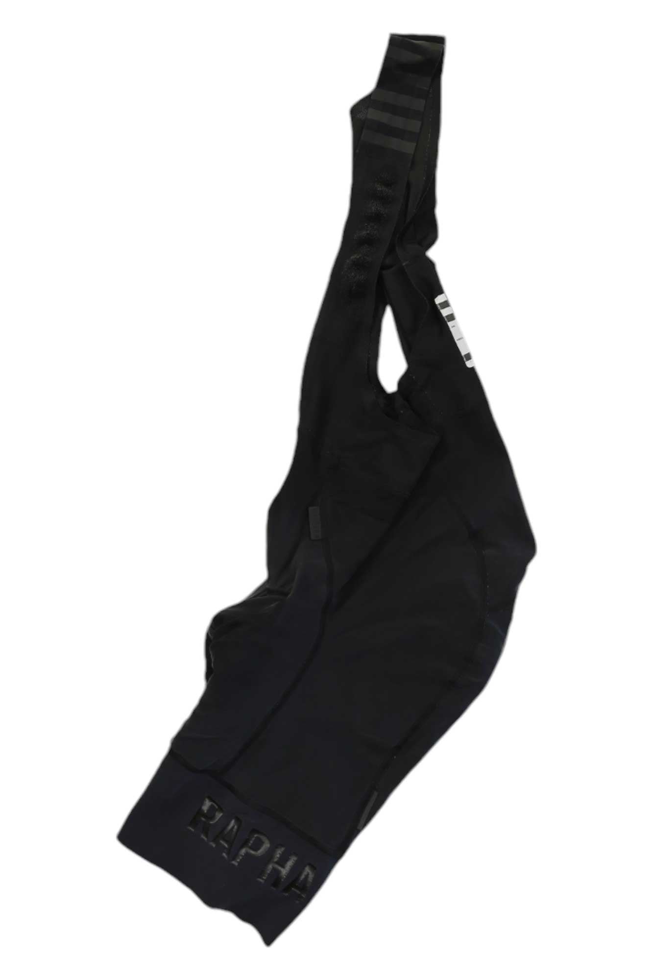 The Rapha Mens RCC Pro Team Bib Shorts II - Regular feature shoulder straps and bold RAPHA on the leg, shown in black laid flat on a white background—ideal high-performance cycling shorts for men.