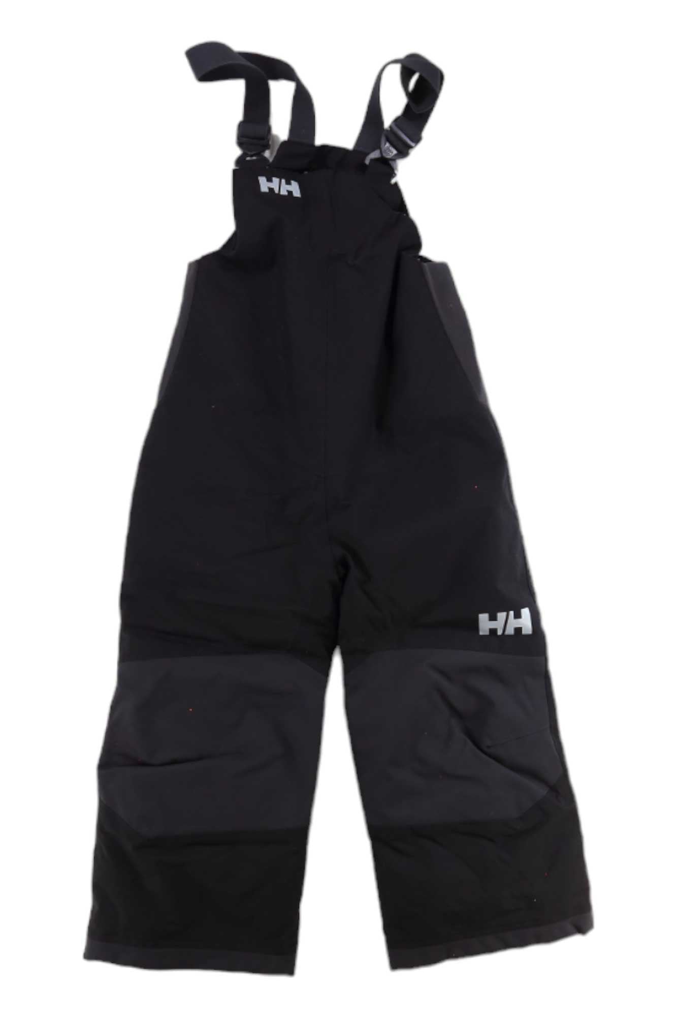 The Helly Hansen Kids Rider 2 Insulated Bib Pant is a pair of black waterproof overalls with adjustable suspenders, reinforced knees, an insulated seat, and features the HH logo on the chest and leg.