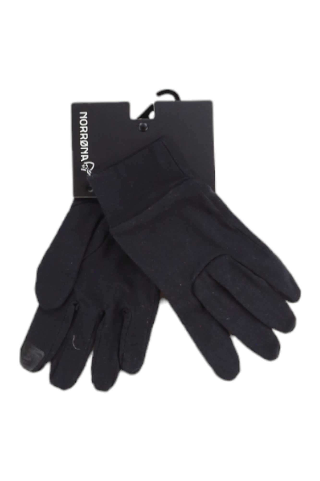 A pair of Norrona /29 Corespunull Liner Gloves in black merino wool, connected by a black cardboard tag labeled NORRØNA and displayed against a white background.