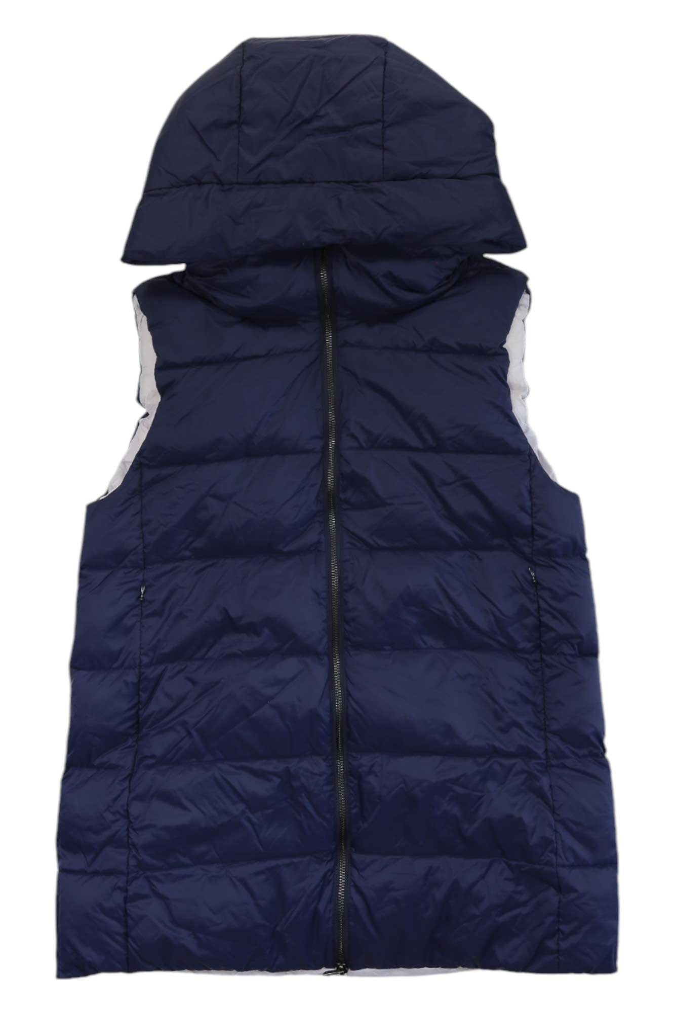 The Carve Designs Women's Davos Vest is a sleeveless, navy goose down vest with recycled nylon, water repellent finish, front zipper, and hood, shown flat on a white background.