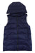 The Carve Designs Women's Davos Vest is a sleeveless, navy goose down vest with recycled nylon, water repellent finish, front zipper, and hood, shown flat on a white background.