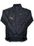 Black bike jacket with full-length front zipper, stand collar, and logo patch