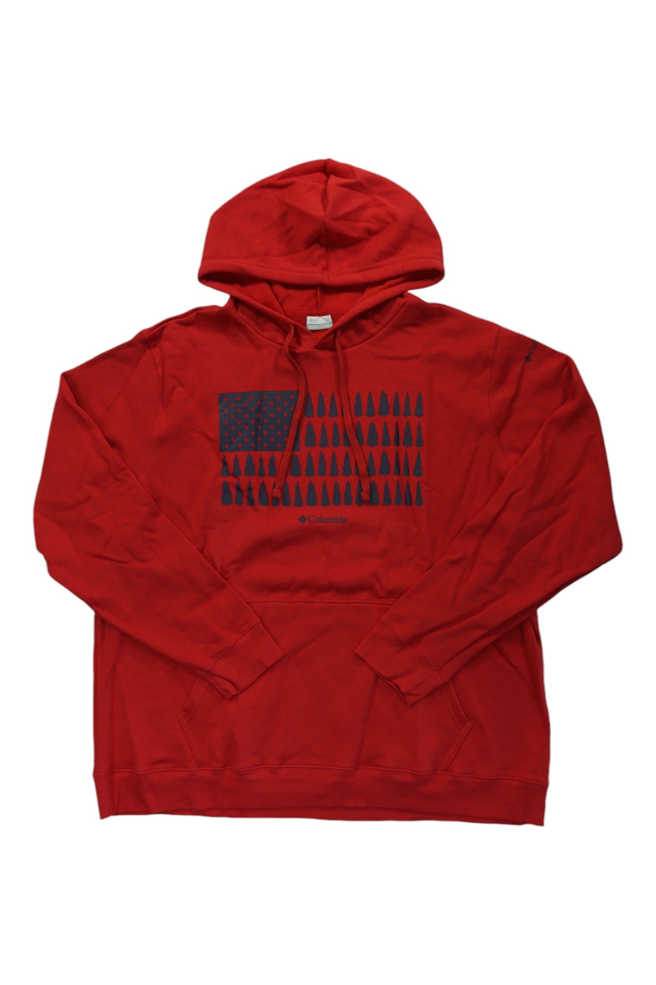 Red graphic pullover hoodie with front logo and kangaroo pocket