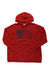 Red graphic pullover hoodie with front logo and kangaroo pocket
