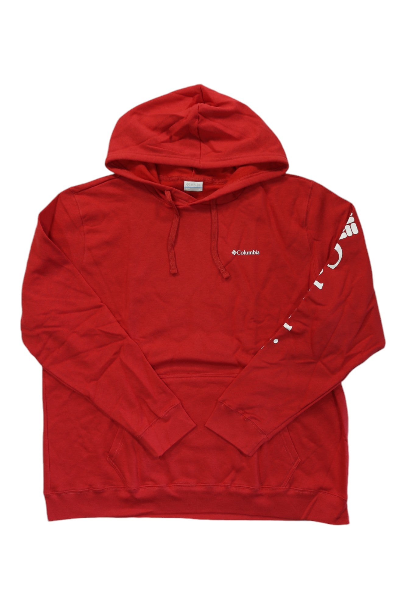 Red pullover hoodie with hood, front pocket, and sleeve text logo