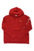Red pullover hoodie with hood, front pocket, and sleeve text logo
