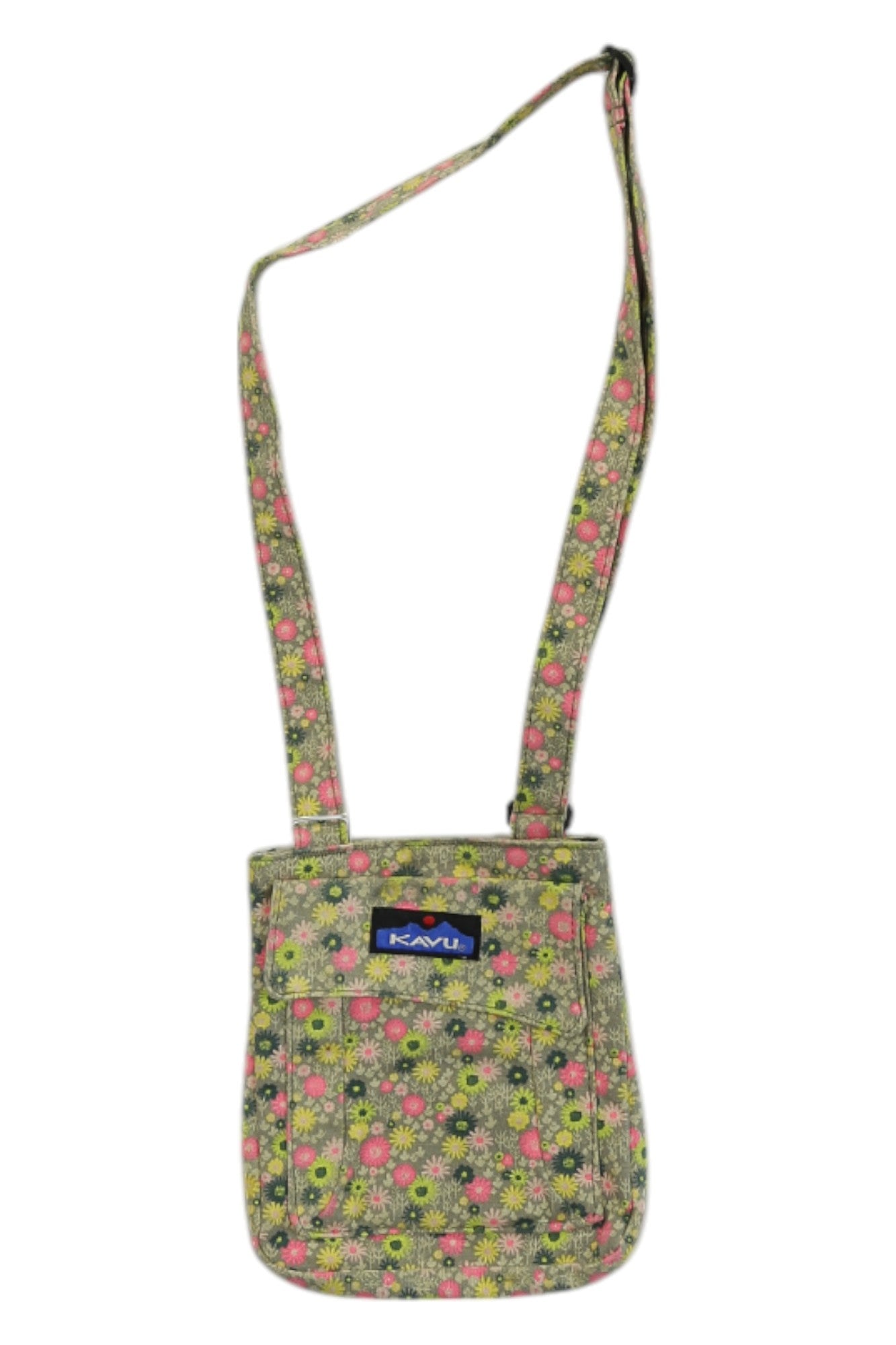 The KAVU FOR KEEPS MINI CROSSBODY BAG features a pink, yellow, and green floral print, adjustable strap, front pocket with blue KAVU logo patch—perfect for a stylish hands-free look.
