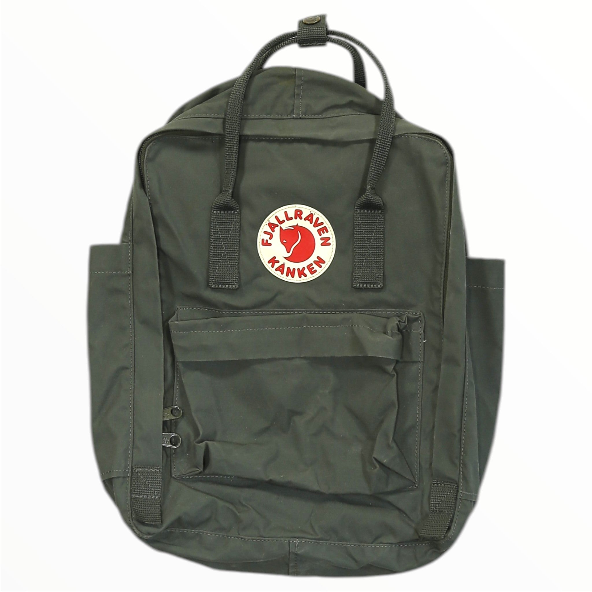 Olive Kanken backpack with front pocket, zip, and two-tone webbing straps