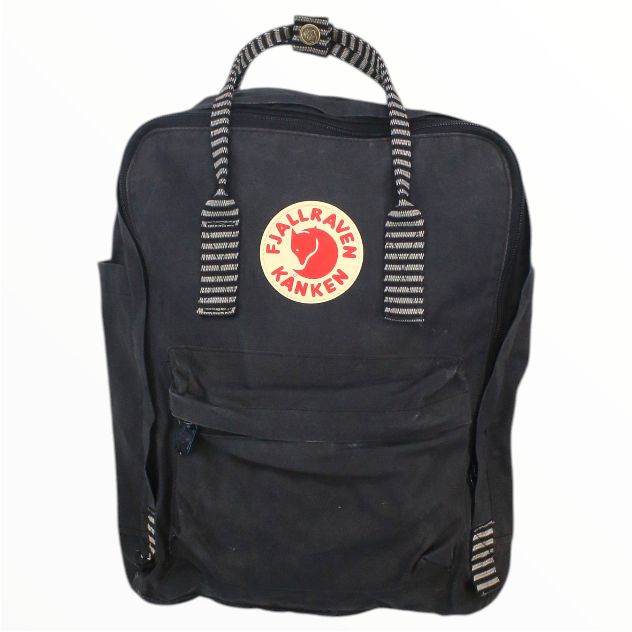 Black Kanken backpack with front pocket, zip, and striped handle accents