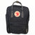 Black Kanken backpack with front pocket, zip, and striped handle accents