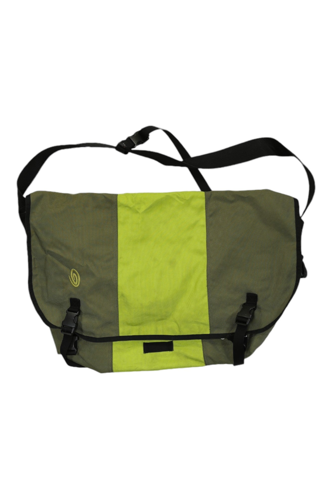 Timbuk2 XL messenger bag with green and neon green front panels, flap and buckles