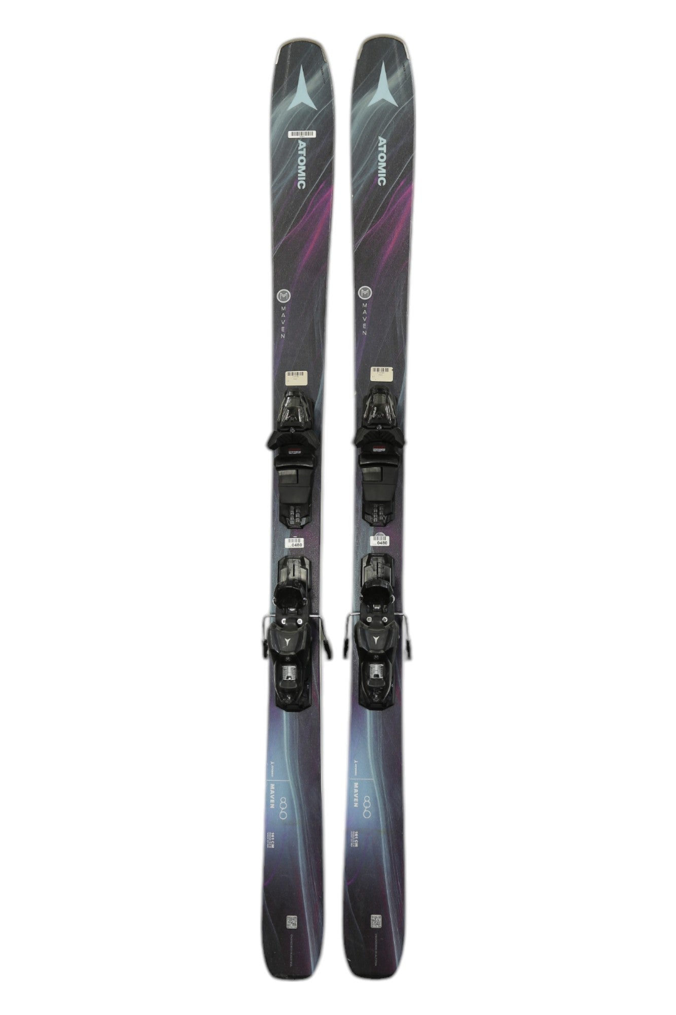 Atomic Maven Skis with Strive 10 Bindings, featuring a sleek black and purple gradient design highlighted by subtle blue and white accents.
