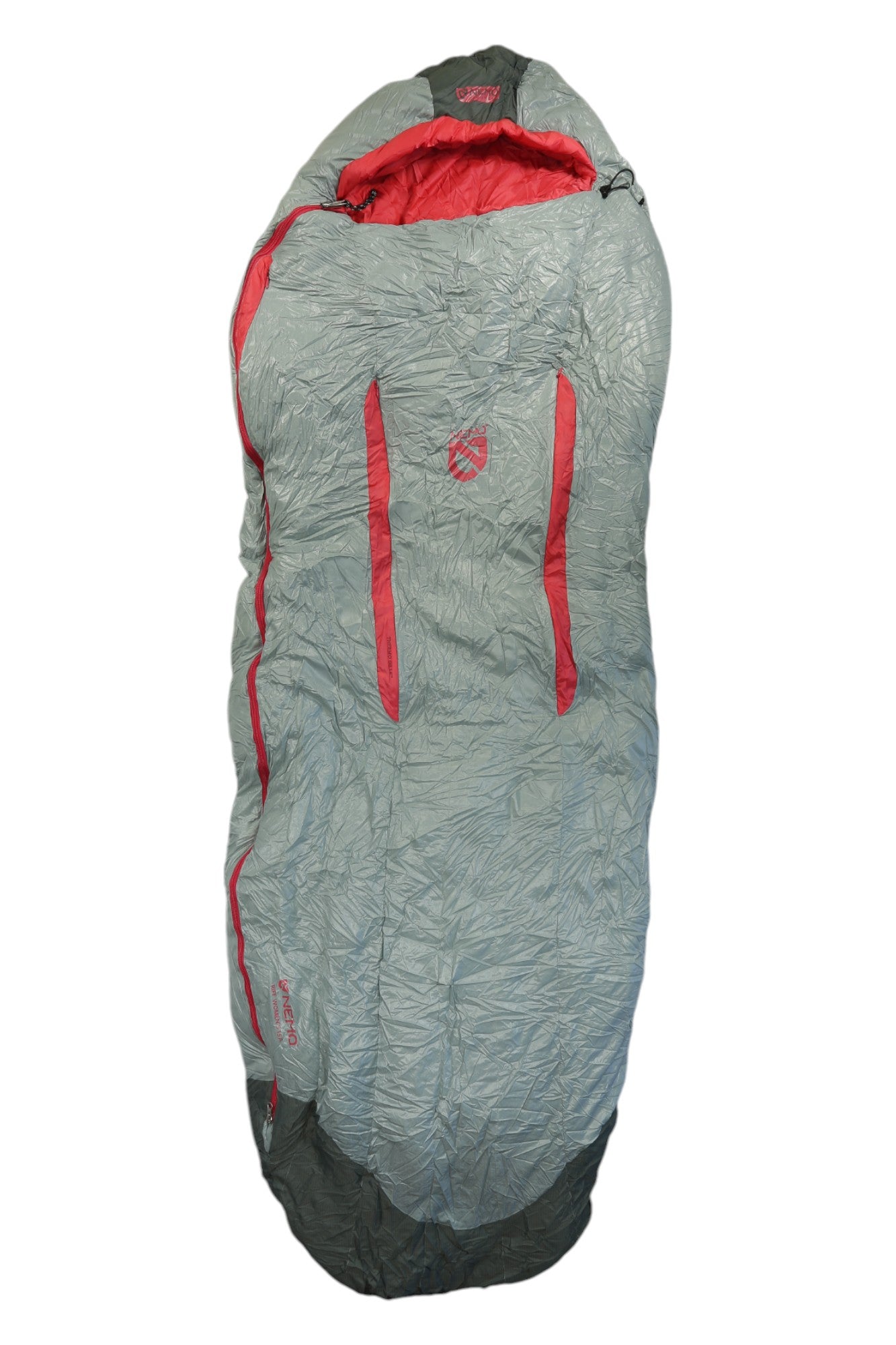 Women's 15 sleeping bag, red hood and trim, gray fabric, black foot end