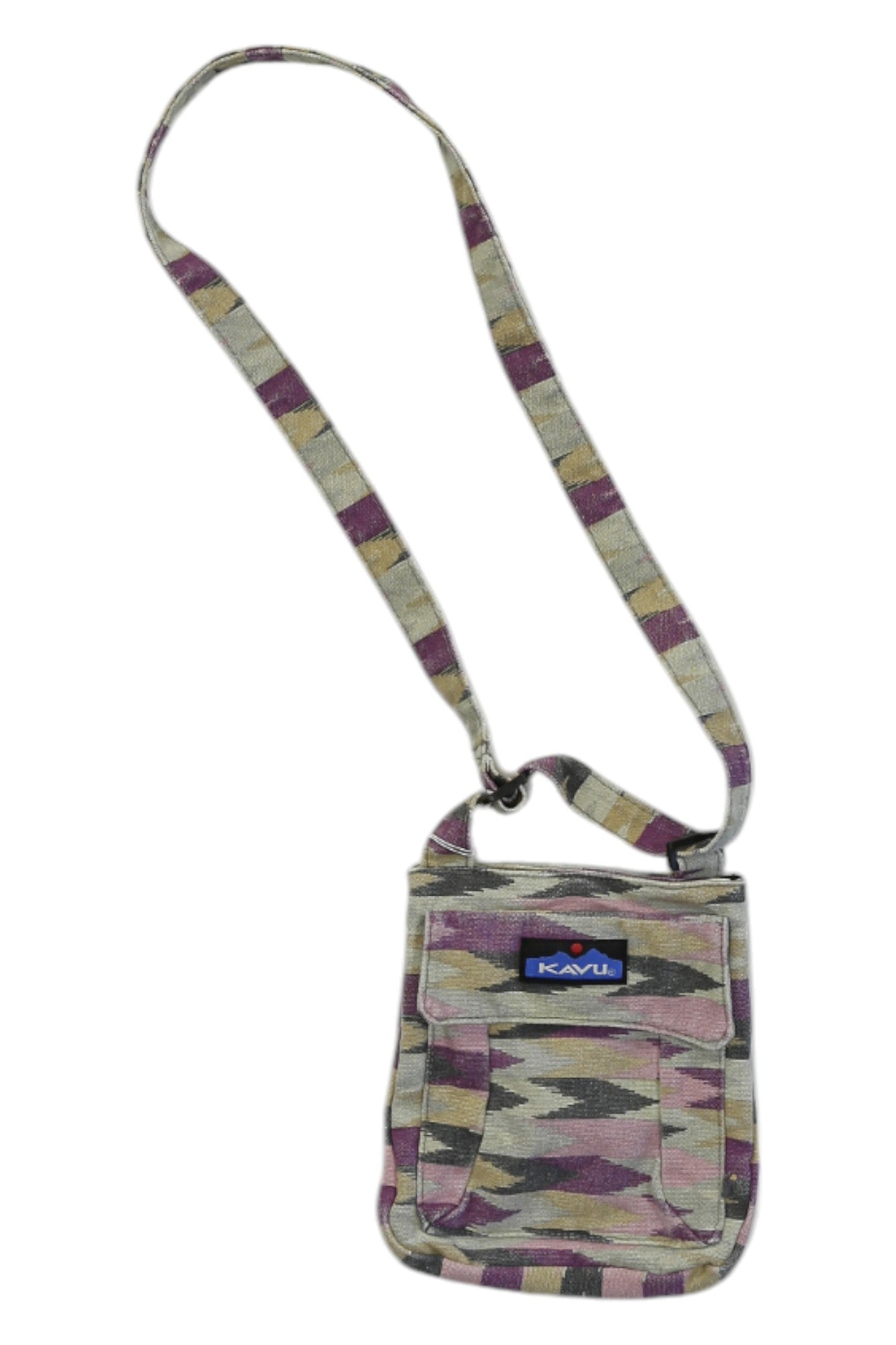 The KAVU FOR KEEPS MINI CROSSBODY BAG is a compact, hands-free bag with geometric patterned fabric in muted purple, beige, and olive, plus a front pocket, long strap, and a blue KAVU logo patch on the front.