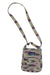 The KAVU FOR KEEPS MINI CROSSBODY BAG is a compact, hands-free bag with geometric patterned fabric in muted purple, beige, and olive, plus a front pocket, long strap, and a blue KAVU logo patch on the front.