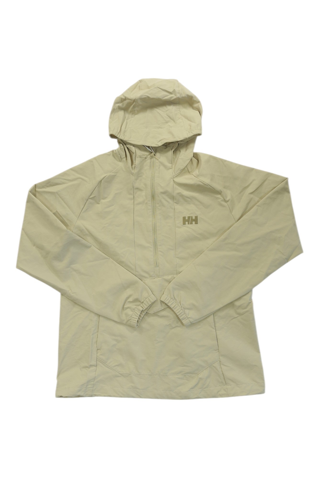 The Helly Hansen Womens Vista Hike Anorak is a light beige half-zip rain jacket with elastic cuffs and an HH logo on the left chest, shown laid flat on a white background for weather-ready hiking protection.