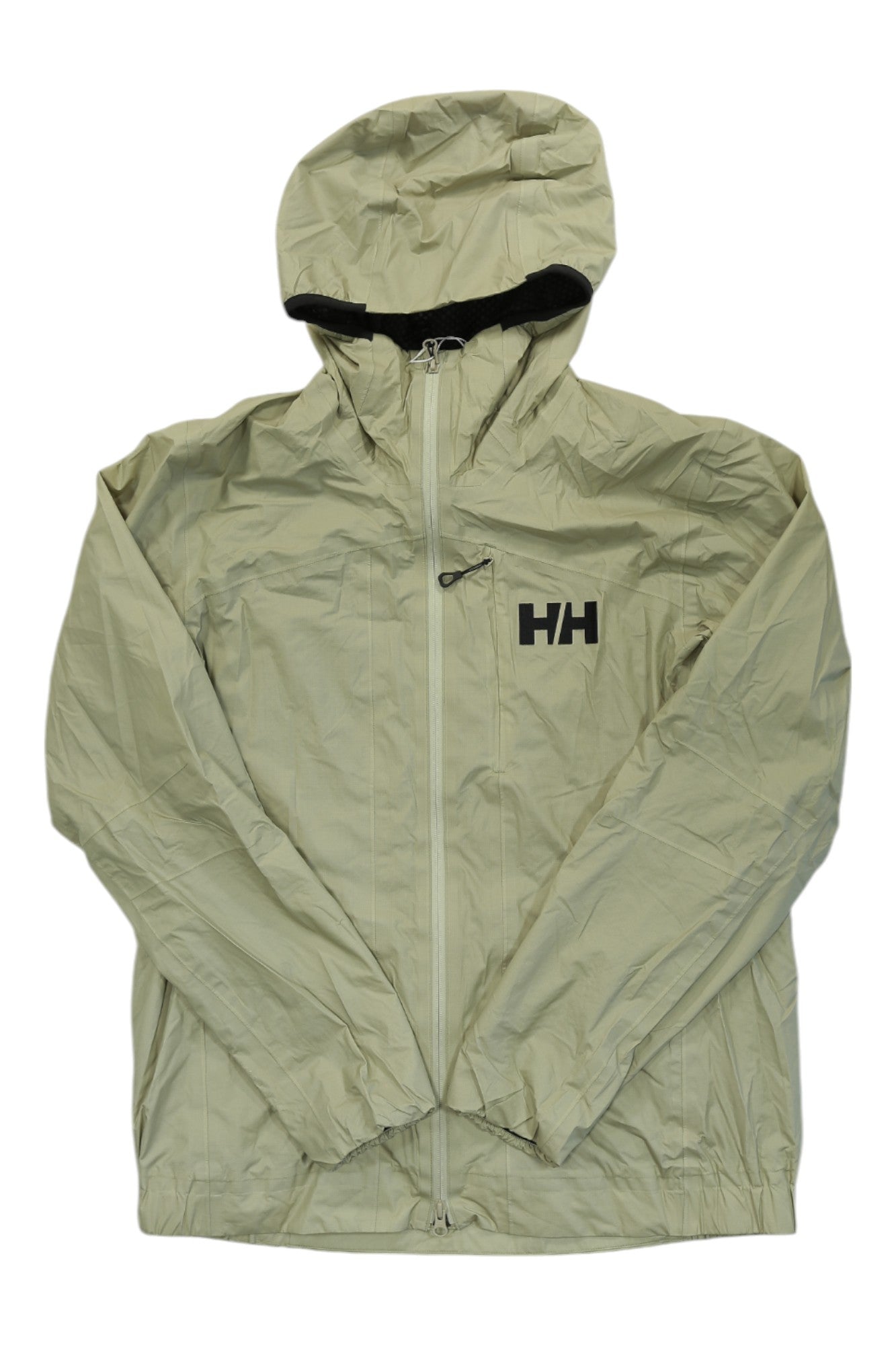 The Helly Hansen Men's Odin Rock Insulated Jacket is a light beige outdoor jacket with a hood, front zipper, black HH logo on the left chest, long sleeves, and a lightweight insulated design for cold weather.