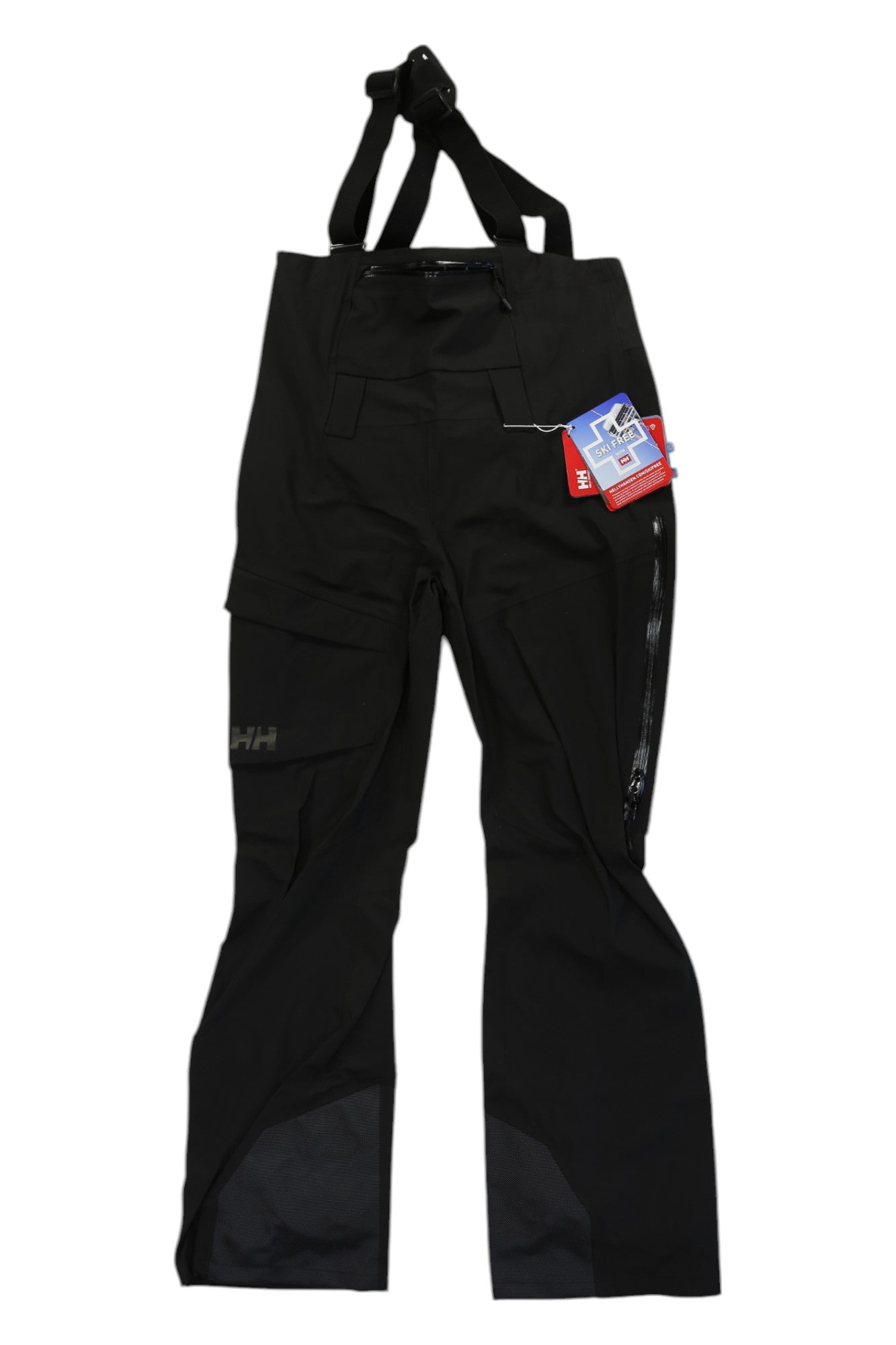 The Helly Hansen Womens Verglas BC Bib Pant, in black with suspenders, multiple pockets, and a side zipper, features a red and blue retail tag on the front. These snow bibs are shown on a white background.
