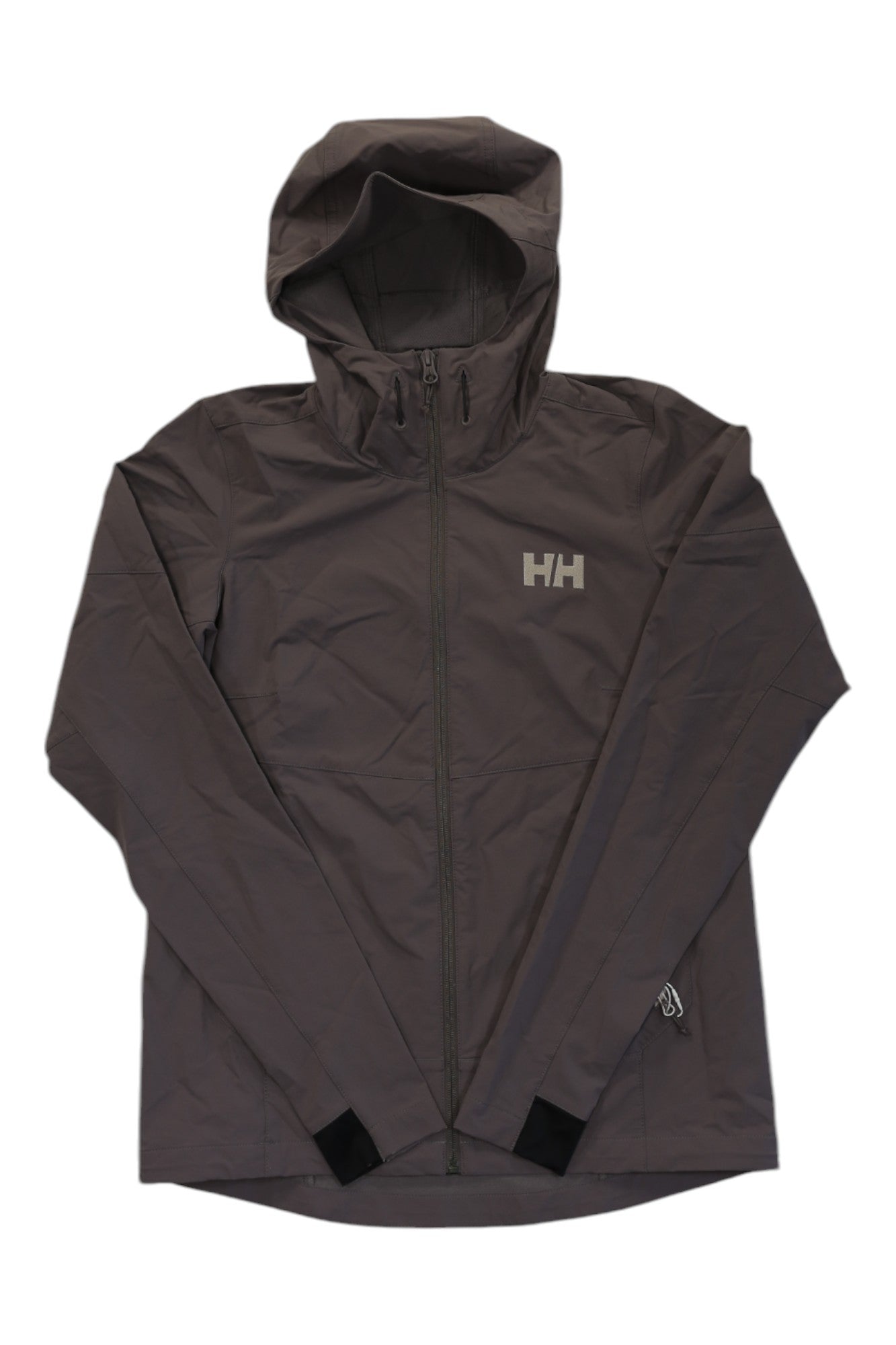 A Helly Hansen Womens Blaze Softshell Hood in gray, with a front zipper, two side pockets, and an HH logo on the left chest, is shown laid flat on a white background.