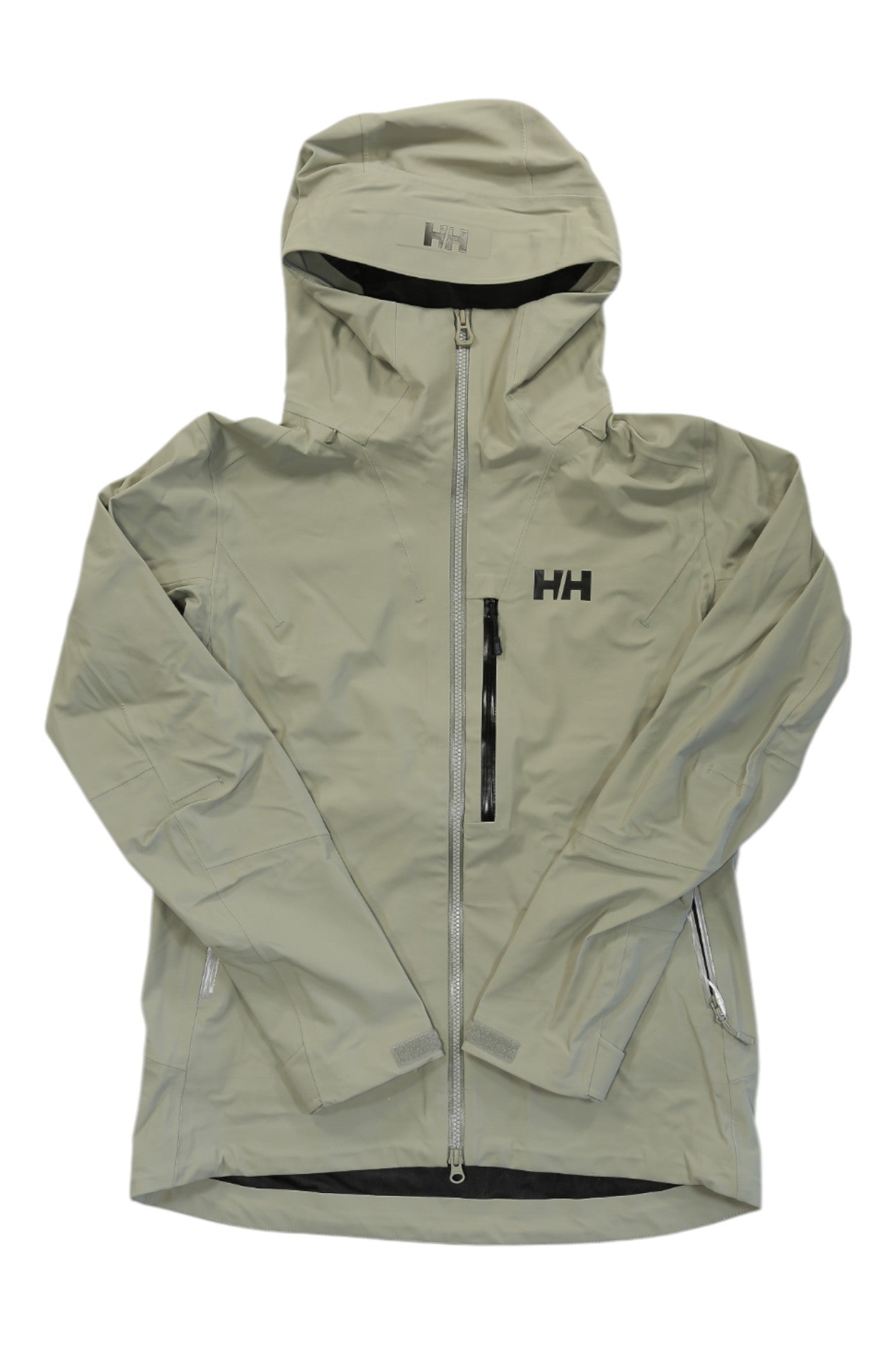 The Helly Hansen Womens Verglas BC Jacket is a light gray, lightweight shell with a front zipper, zippered side pockets, a chest pocket, long sleeves, and the HH logo on the left chest—ideal for active outdoor days.