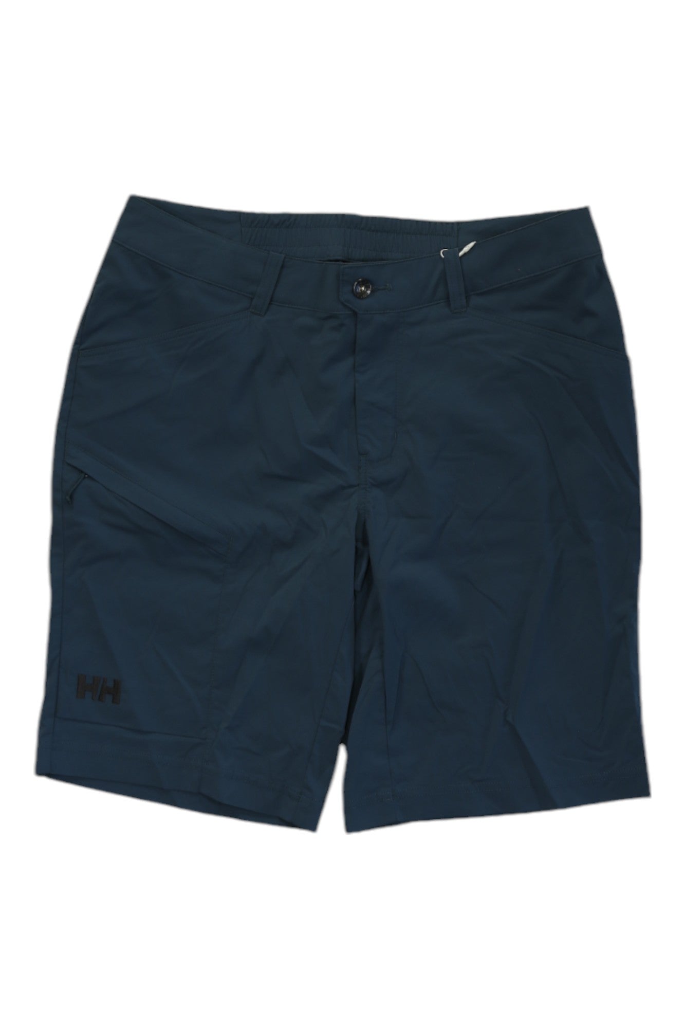 Helly Hansen Mens Elv Light Tur Shorts in navy blue, featuring a button and zipper closure, belt loops, side pockets, and a small HH logo on the left leg. These lightweight men's hiking shorts are displayed flat on a white background.