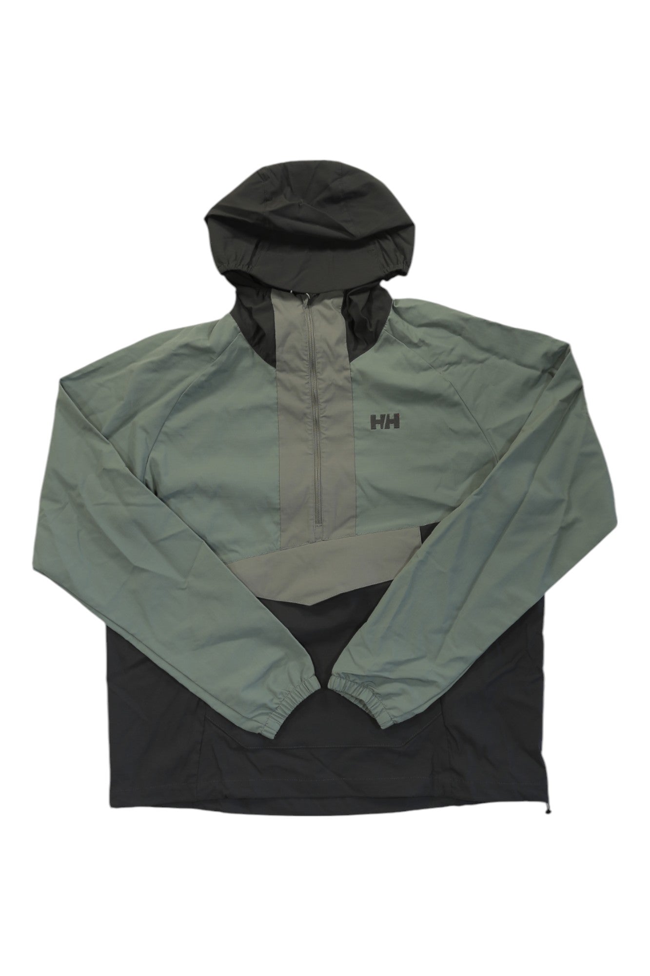 The Helly Hansen Mens Vista Hike Anorak features a green and black design, half-zip front, HH chest logo, long sleeves with elastic cuffs. This lightweight outdoor shell is ideal for hiking and offers dependable weather resistance.