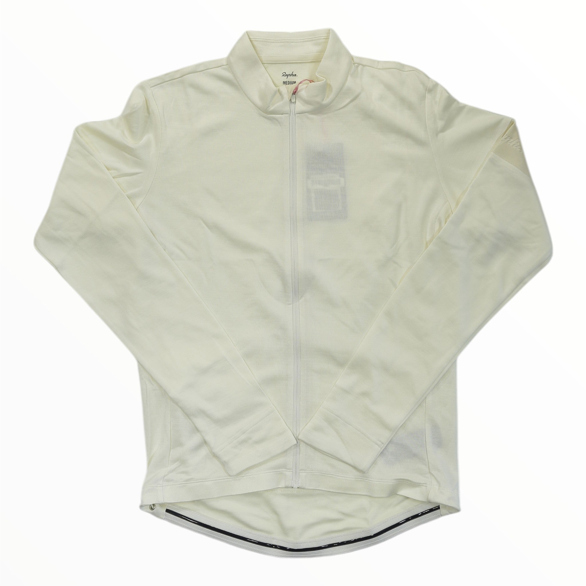 Men's long sleeve cycling jersey in light cream, full front zip, high stand collar.