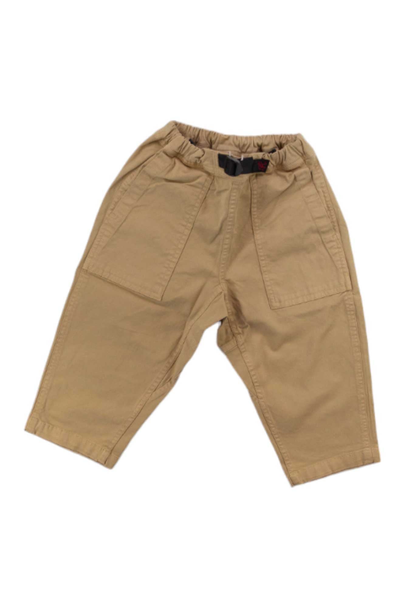 Kids loose tapered pants, khaki tan, elastic waistband and front zip, patch pockets