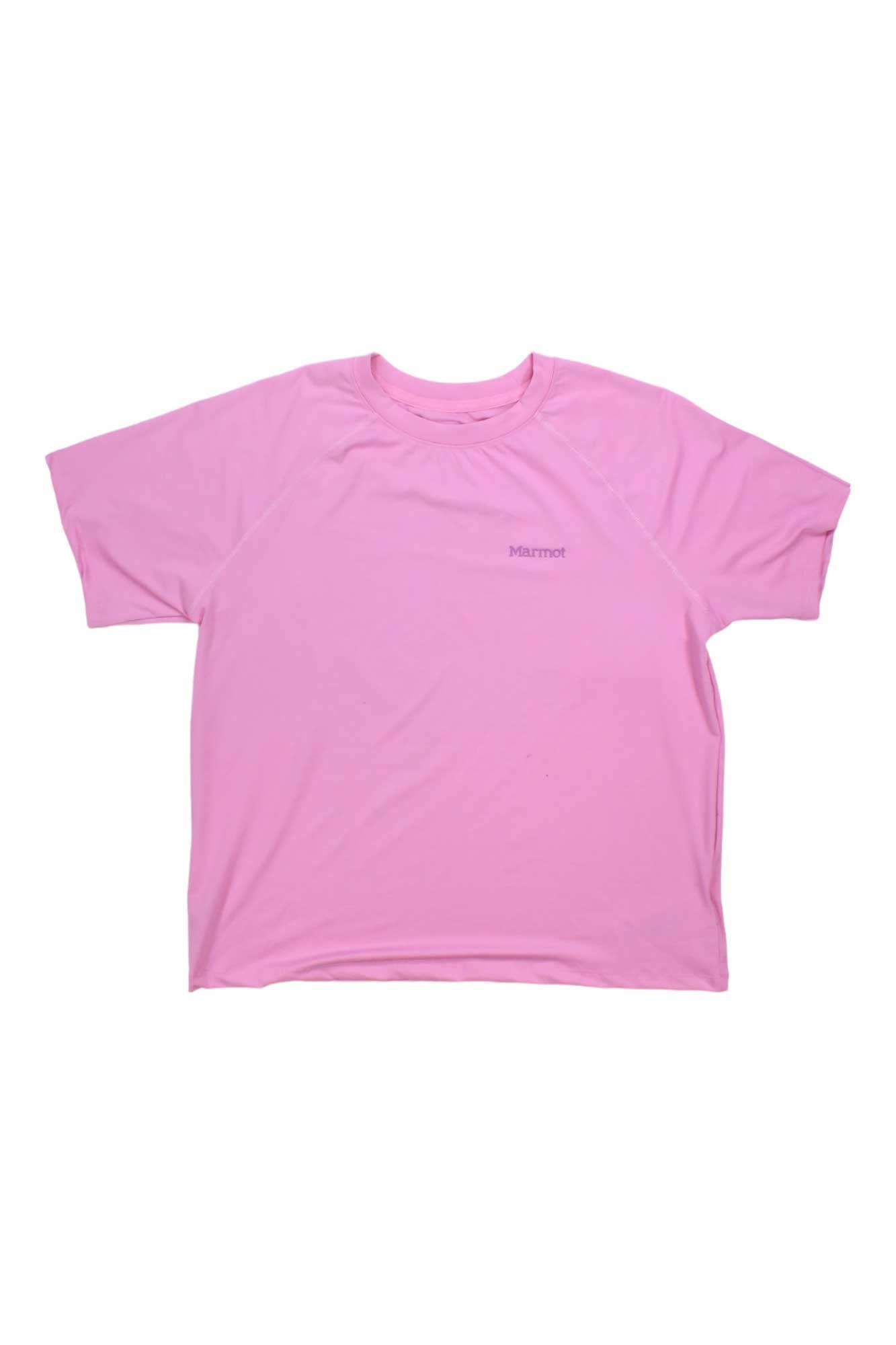 The Marmot Womens Windridge SS Tee is a plain pink short sleeve shirt with the Marmot logo on the chest, made from recycled polyester and shown laid flat on a white background.