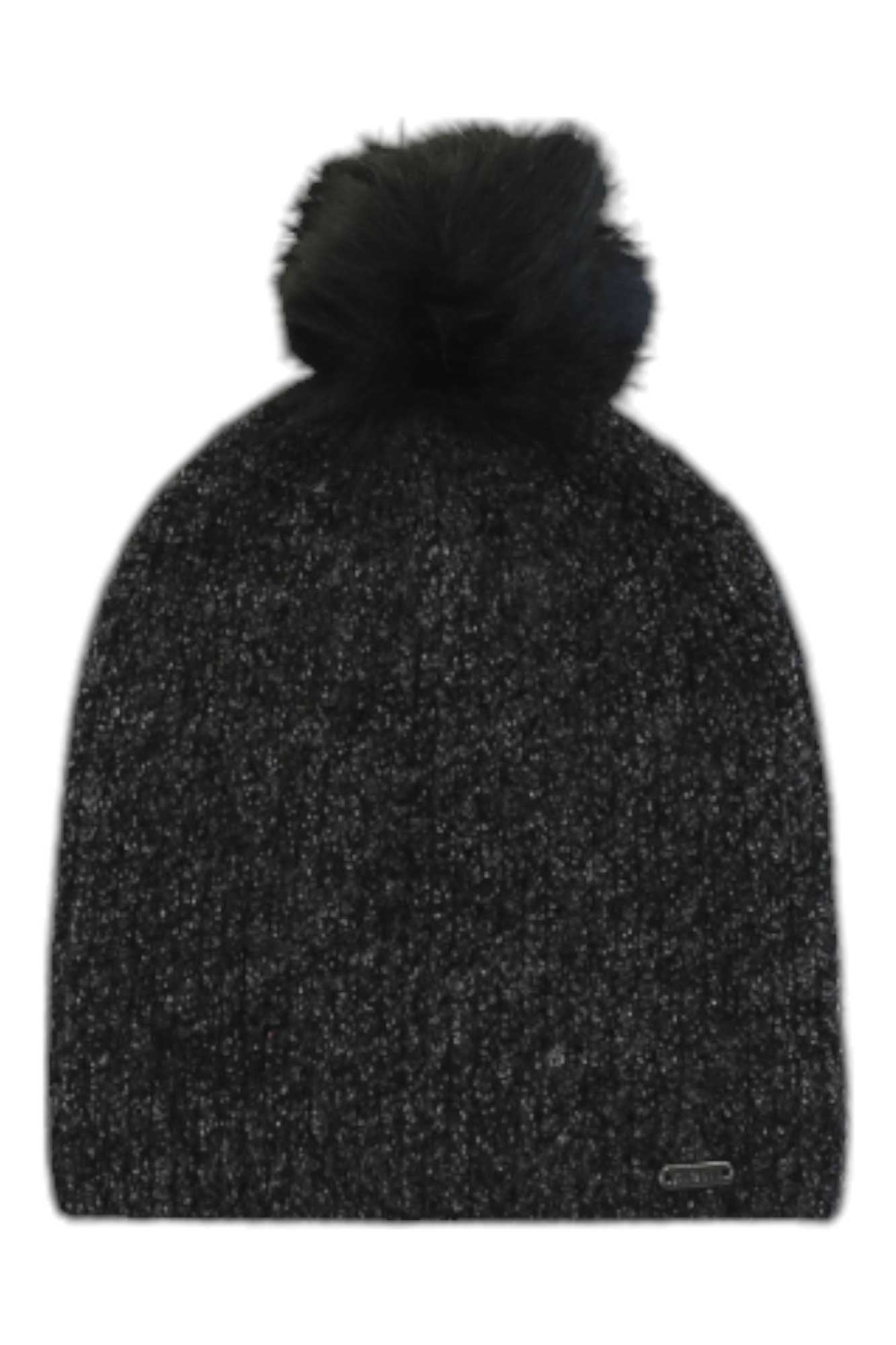 The Pistil Womens Lauren Beanie is a dark gray knit winter hat featuring a large, fluffy faux fur pom on top and a small metal tag near the bottom edge.
