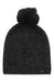The Pistil Womens Lauren Beanie is a dark gray knit winter hat featuring a large, fluffy faux fur pom on top and a small metal tag near the bottom edge.