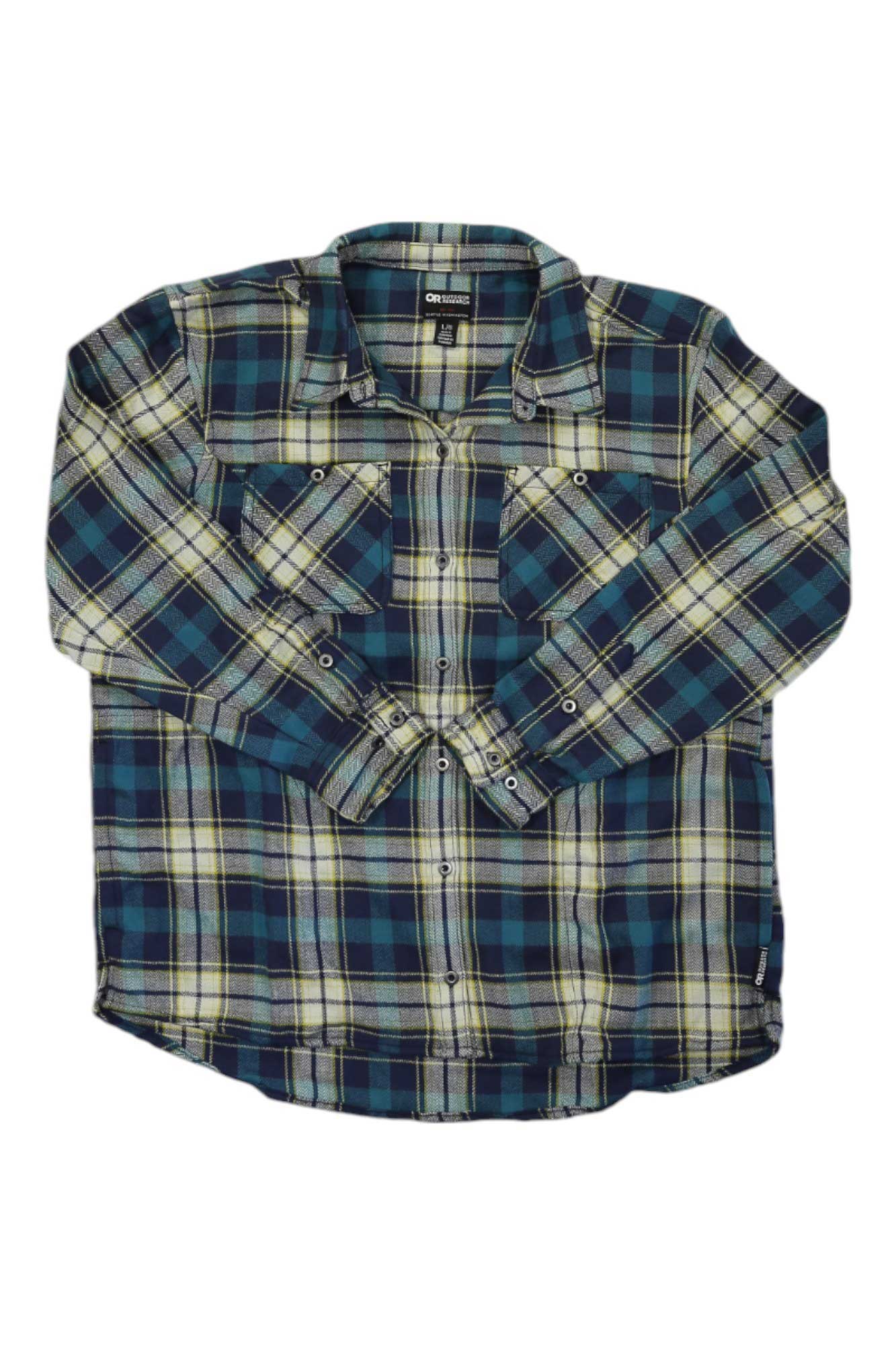Women’s flannel shirt in blue plaid, button front, two chest pockets